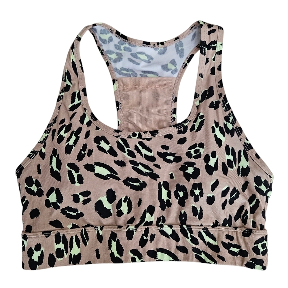 Fabletics On The Go Athletic Sports Bra Nude Leopard Medium Impact Racerback